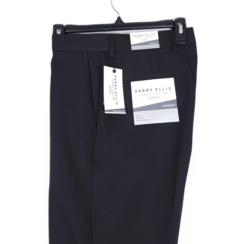 Perry Ellis Portfolio Mens Modern Fit Dress Pant 30x29 Black Solid Stretch Twill